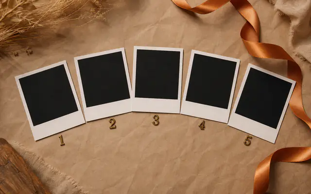 Flat lay of blank polaroid frames arranged in an arc on kraft paper