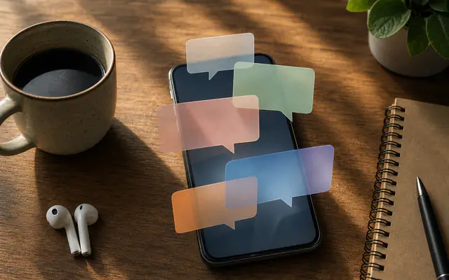 Smartphone with floating paper comment bubbles above a warm desk