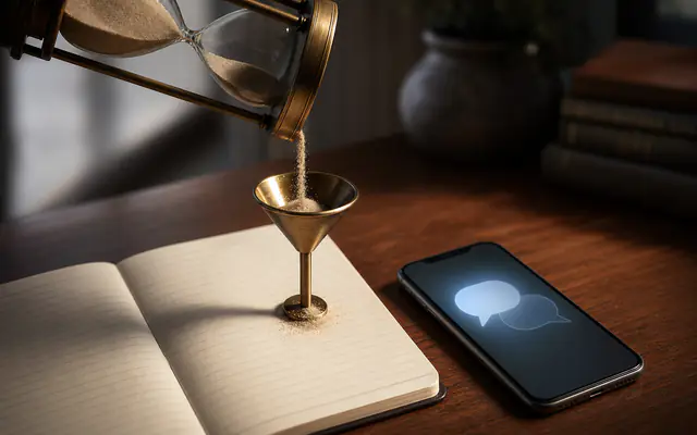 Hourglass pouring into a brass funnel beside a phone on walnut wood