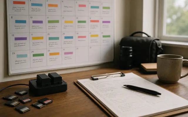 Wall calendar with color blocks, SD cards, and a shot-list clipboard
