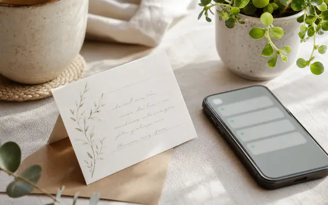 Handwritten thank-you card, plant, and muted phone notifications in soft light