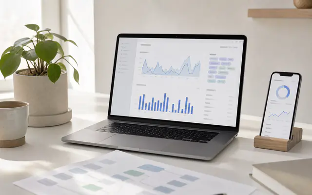 Clean desk with laptop analytics dashboard and smartphone beside search notes