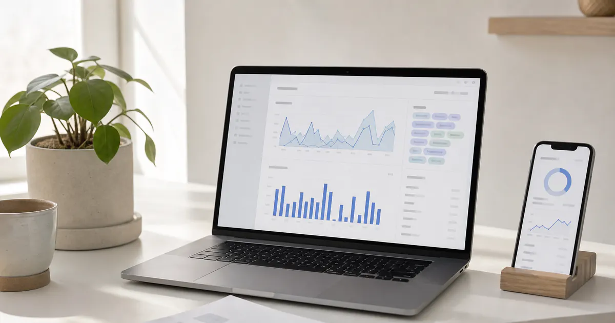 Clean desk with laptop analytics dashboard and smartphone beside search notes