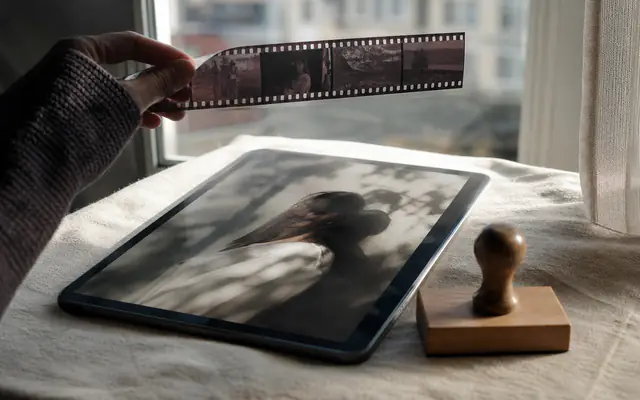 Film negatives held to a window beside a tablet and wooden authenticity stamp