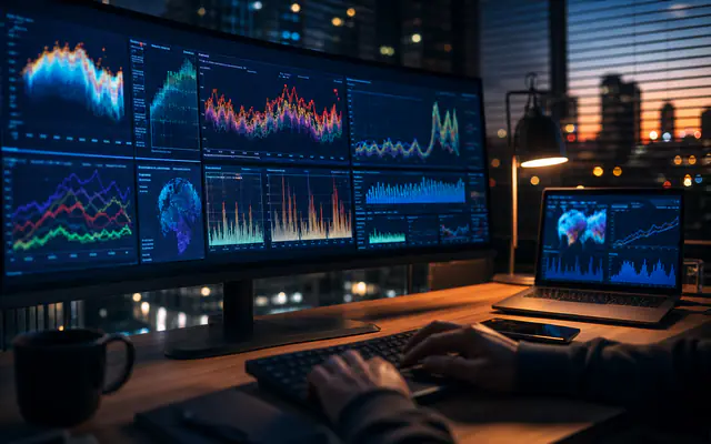 Analytics monitors glowing with charts in a dusk war-room workspace