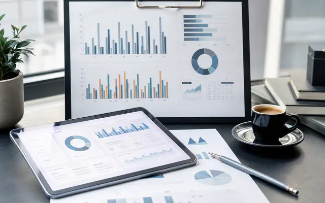 Printed chart sheets and a tablet with soft metric cards on a desk