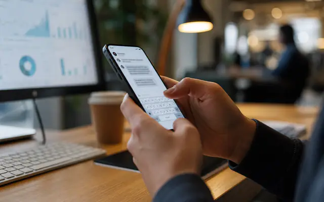 Hands typing a phone reply with blurred charts on a monitor behind