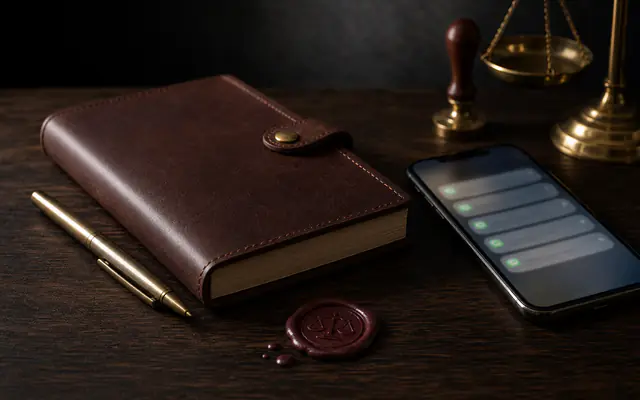 Leather notebook, brass pen, and sealed stamp on a dark compliance desk