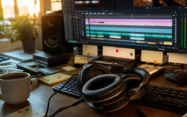 Video editing desk with headphones, waveform monitor, and afternoon light