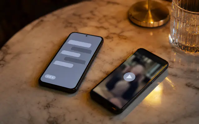 Two phones on marble sharing a private video moment under amber lamp light
