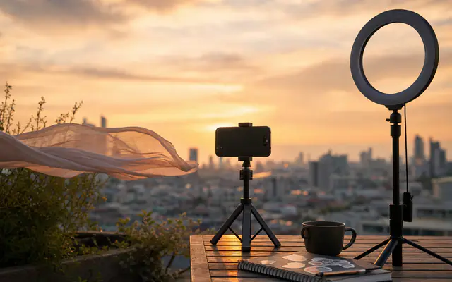 Smartphone on a rooftop tripod at sunset with city bokeh