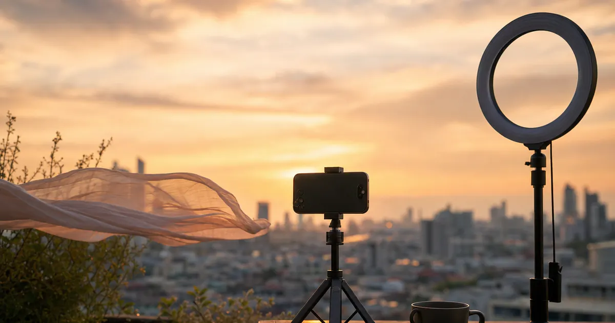 Smartphone on a rooftop tripod at sunset with city bokeh