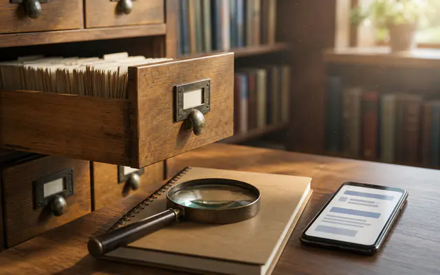 Magnifying glass over a notebook beside a library card catalog drawer