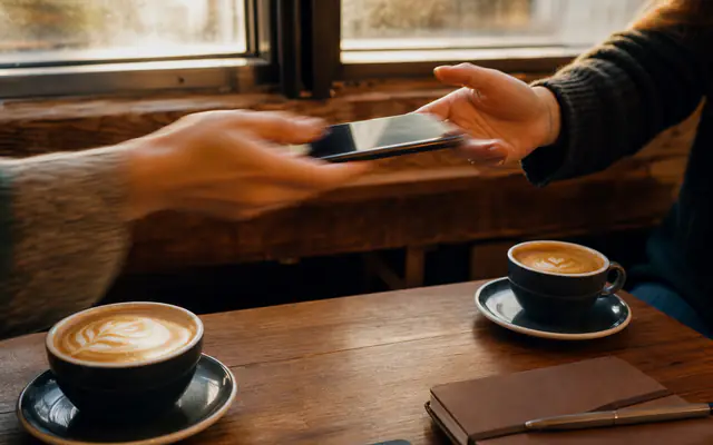 Hands passing a phone across a cafe table in warm window light