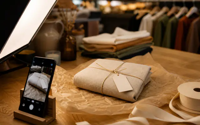 Linen product on tissue paper staged for phone product photography