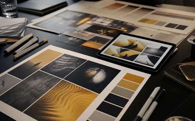 Agency moodboard swatches and tablet storyboard frames on a review table