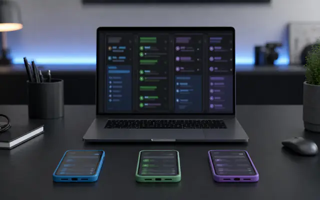 Three phones in colored cases beside a multi-column laptop dashboard