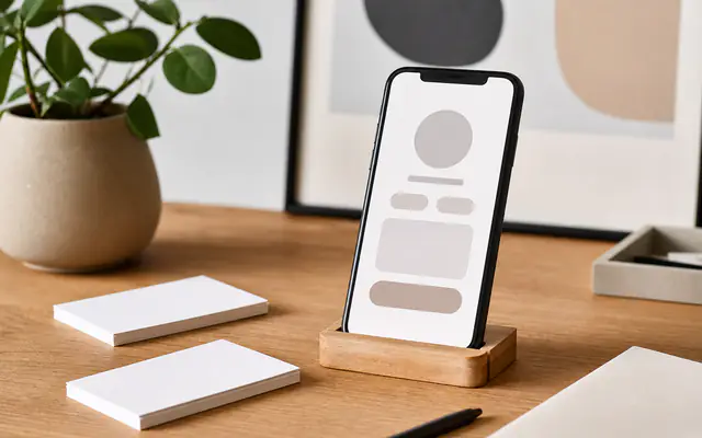 Phone on a wooden stand showing a soft abstract profile layout