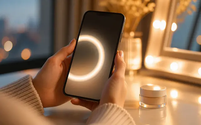 Vertical phone in soft hands with product sample jar and vanity bokeh