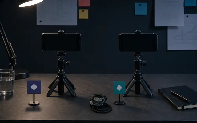 Two side-by-side phone test setups with stopwatch on a slate desk