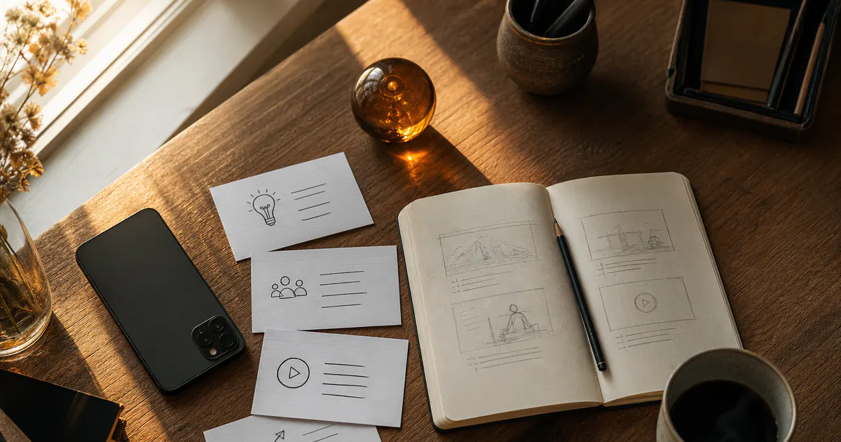 Overhead desk with content pillar cards, notebook sketches, and warm amber light